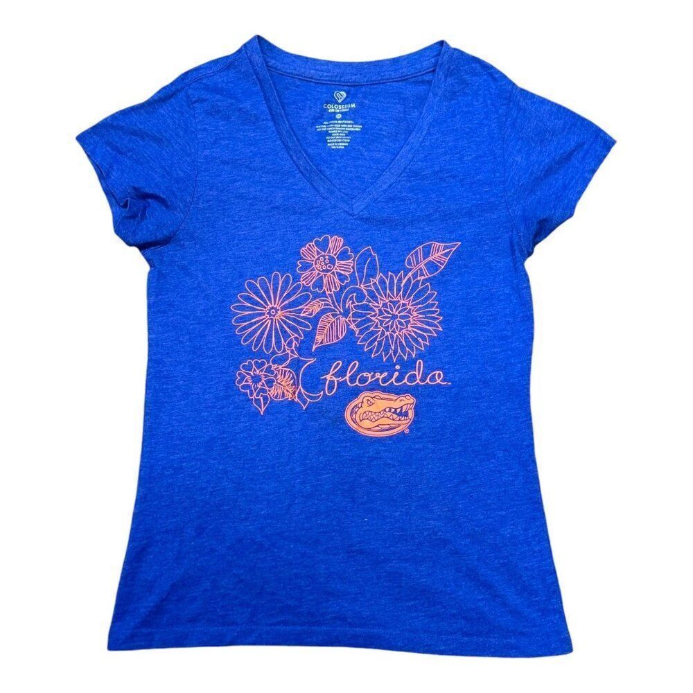 UF Florida Gators Womens V-Neck Tee By Colosseum Blue Floral Graphics  Size M